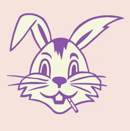 A stylized purple line drawing of a rabbit head on a pale pink background, with one ear bent and a cigarette in its mouth.