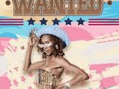 Poster-style graphic with the word “WANTED” at the top, blue stars, and a woman posing in the center wearing a light hat and patterned outfit against a colorful pastel background.