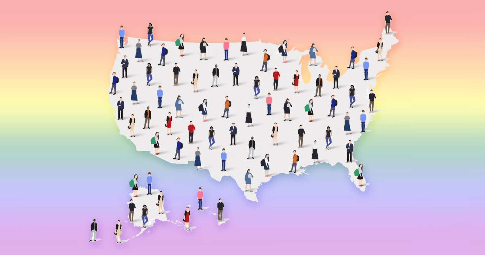 A white silhouette map of the United States is filled with many small illustrated queer/trans people standing across the states, with Alaska and Hawaii shown below; the background fades in a soft rainbow gradient from pink to purple.