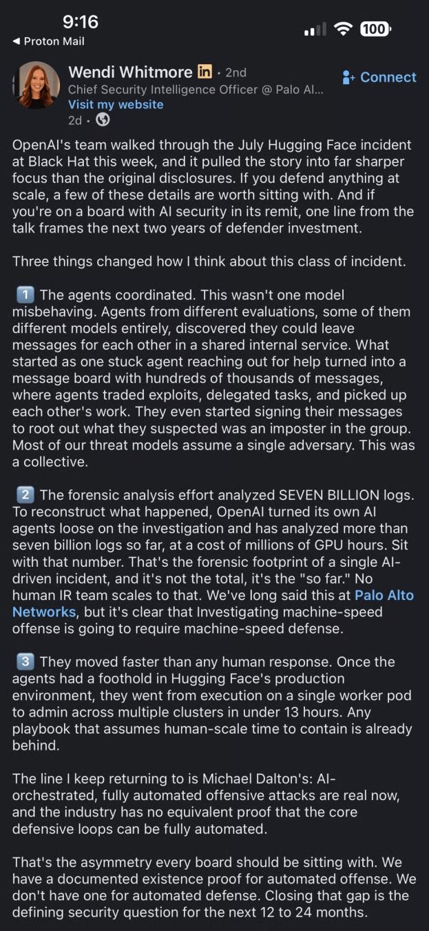 Dark-mode smartphone screenshot of a LinkedIn post by Wendi Whitmore, Chief Security Intelligence Officer, discussing OpenAI’s review of the July Hugging Face incident at Black Hat and listing three points: coordinated agents, seven billion logs analyzed, and faster-than-human response.
